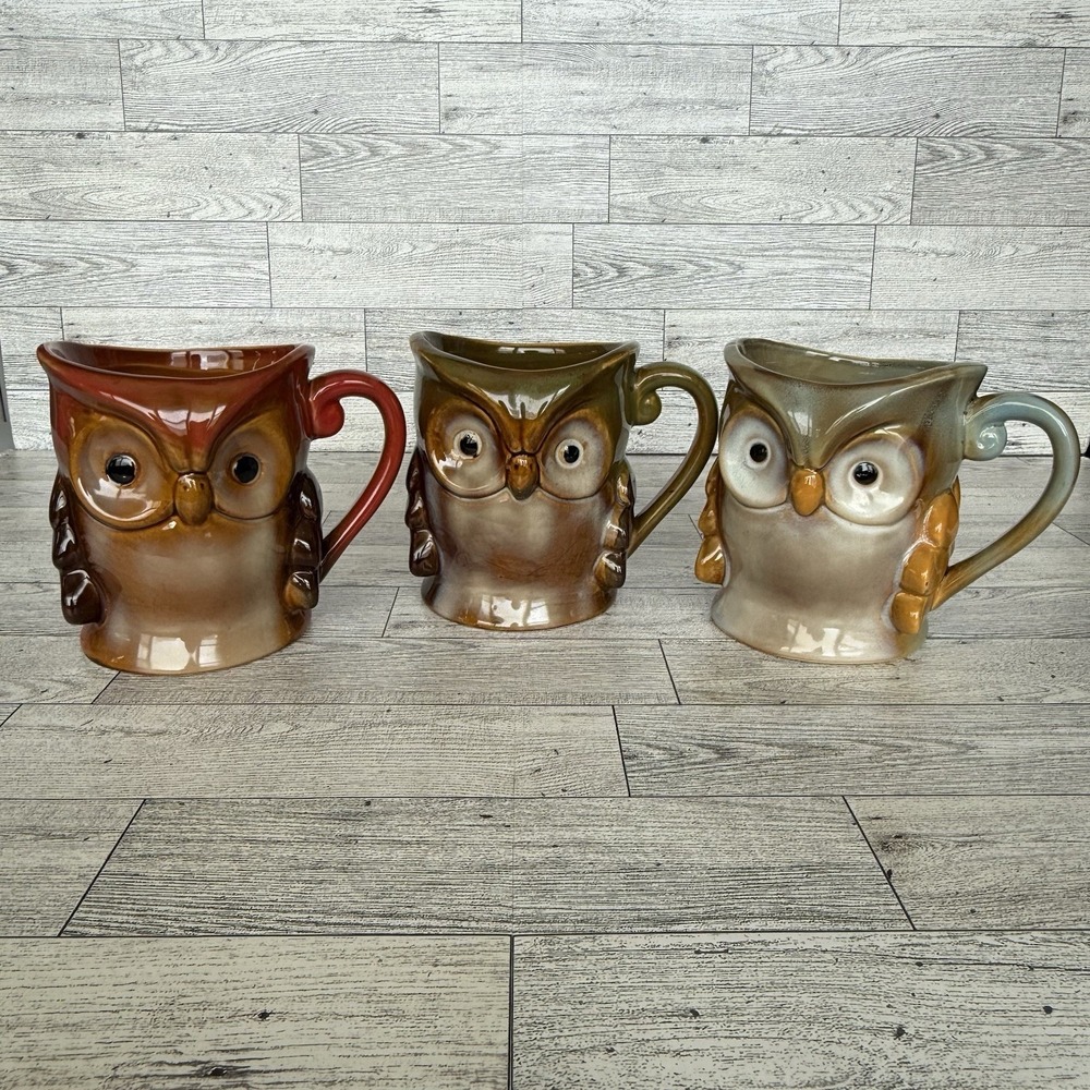 3 Ceramic Big Eyes Owl Coffee/Tea Mug Multicolors 4.25" Tall 3D Brown Green